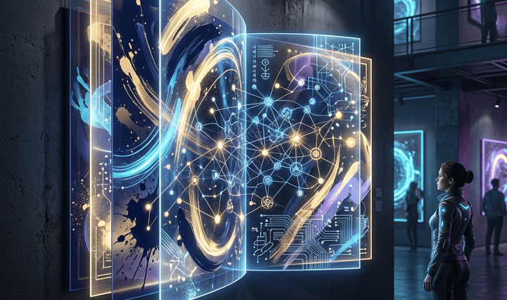 Visitor viewing a glowing digital artwork with abstract swirls, network diagrams, and circuit patterns