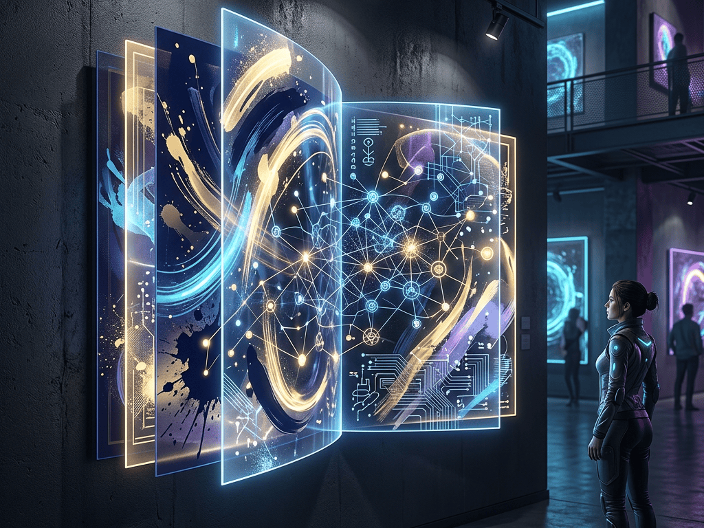 Visitor viewing a glowing digital artwork with abstract swirls, network diagrams, and circuit patterns
